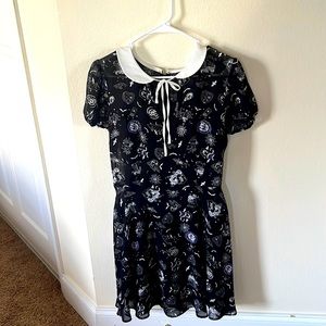 Gothic black, purple, midi dress with white collar